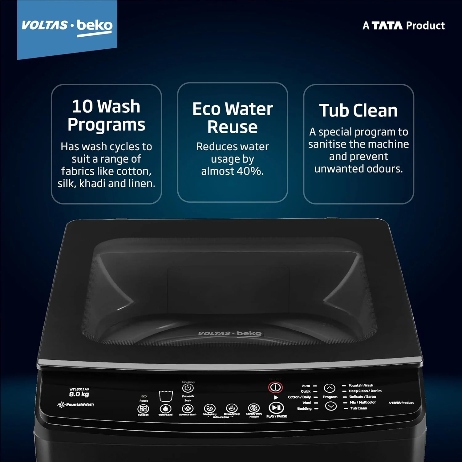 Voltas Beko, A Tata Product 8 Kg 5 Star Fountain wash Fully-Automatic Top Loading Washing Machine, WTL8011AU/BPC00D, Dark Grey, Side waterfall) - Image 3