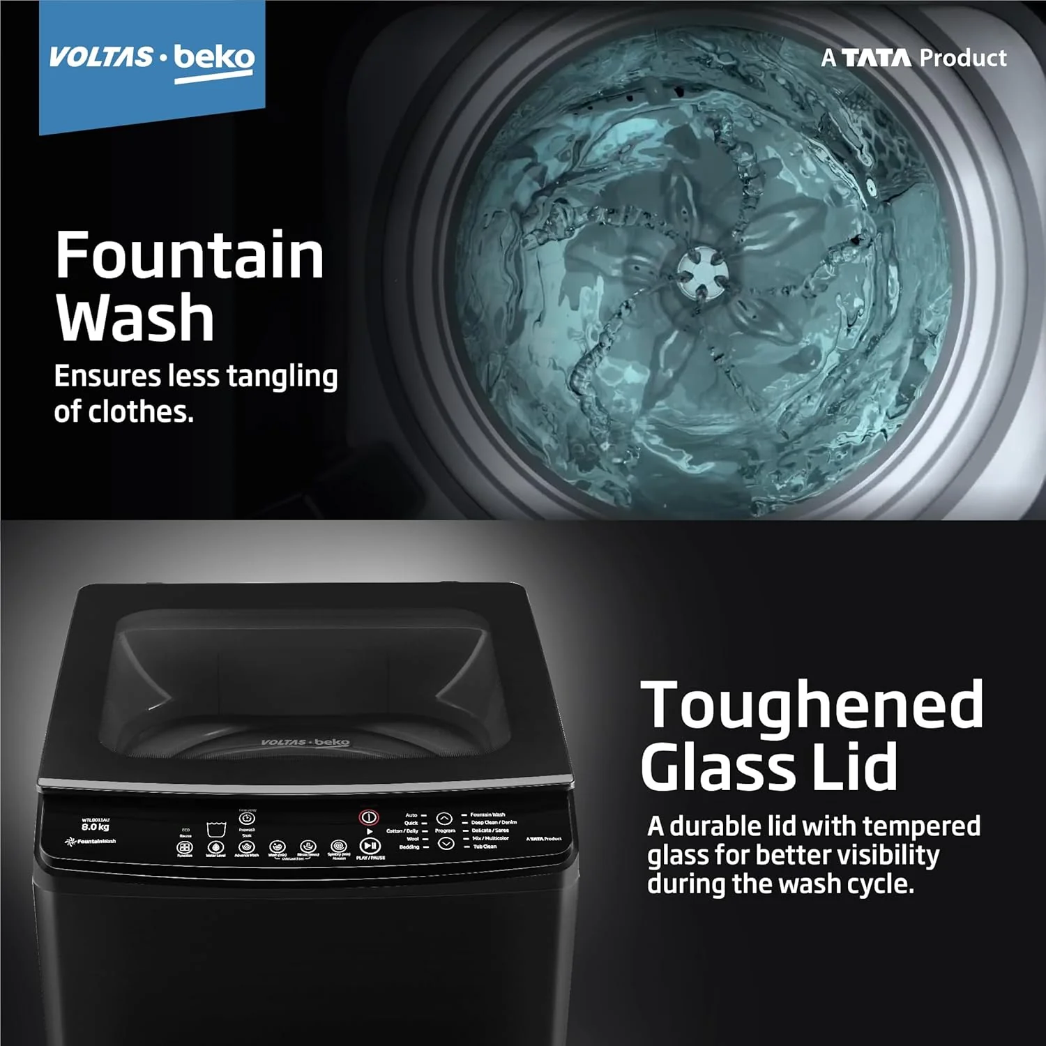 Voltas Beko, A Tata Product 8 Kg 5 Star Fountain wash Fully-Automatic Top Loading Washing Machine, WTL8011AU/BPC00D, Dark Grey, Side waterfall) - Image 6