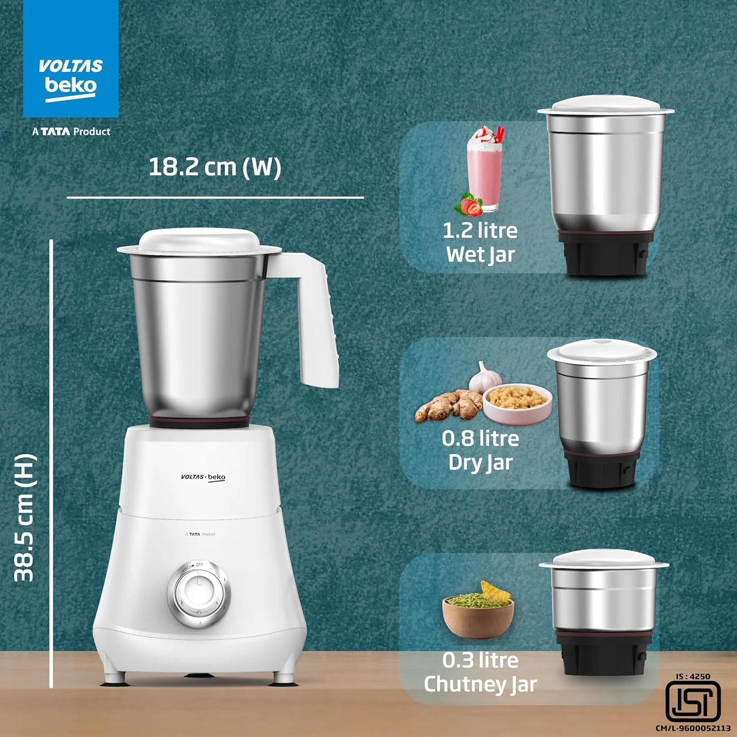 Voltas Beko, A Tata Product Powerfull 500 W Mixer Grinder with GrindX Technology (G5003HP-WH | 3 Jars | White) - Image 6