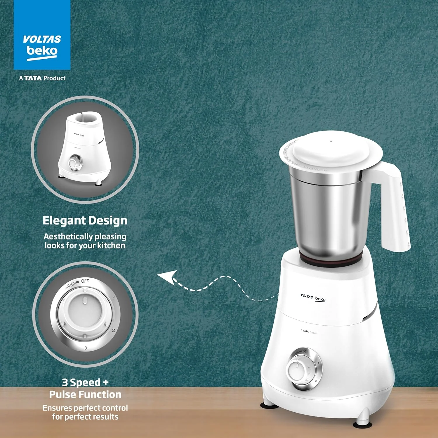 Voltas Beko, A Tata Product Powerfull 500 W Mixer Grinder with GrindX Technology (G5003HP-WH | 3 Jars | White) - Image 7