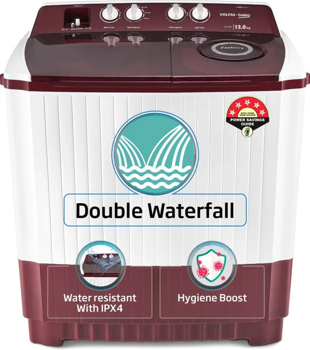 Voltas Beko by A Tata Product 12 kg A Tata Product Anti-allergen Hygiene Boost Washing Machine with Fast Dry and Water Proof IPX4 Panel Semi Automatic Top Load Maroon, White  (WTT120ABRT/HB)