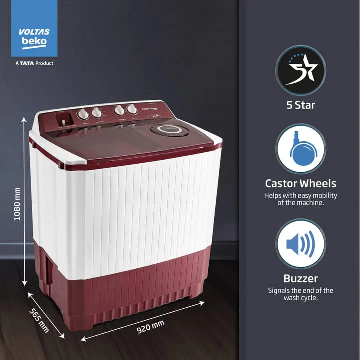 Voltas Beko by A Tata Product 12 kg A Tata Product Anti-allergen Hygiene Boost Washing Machine with Fast Dry and Water Proof IPX4 Panel Semi Automatic Top Load Maroon, White  (WTT120ABRT/HB) - Image 2