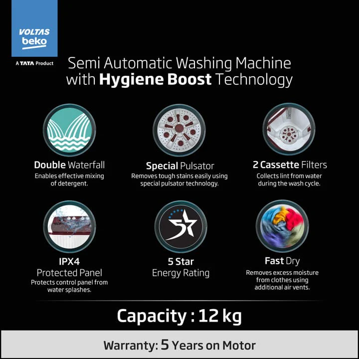 Voltas Beko by A Tata Product 12 kg A Tata Product Anti-allergen Hygiene Boost Washing Machine with Fast Dry and Water Proof IPX4 Panel Semi Automatic Top Load Maroon, White  (WTT120ABRT/HB) - Image 3