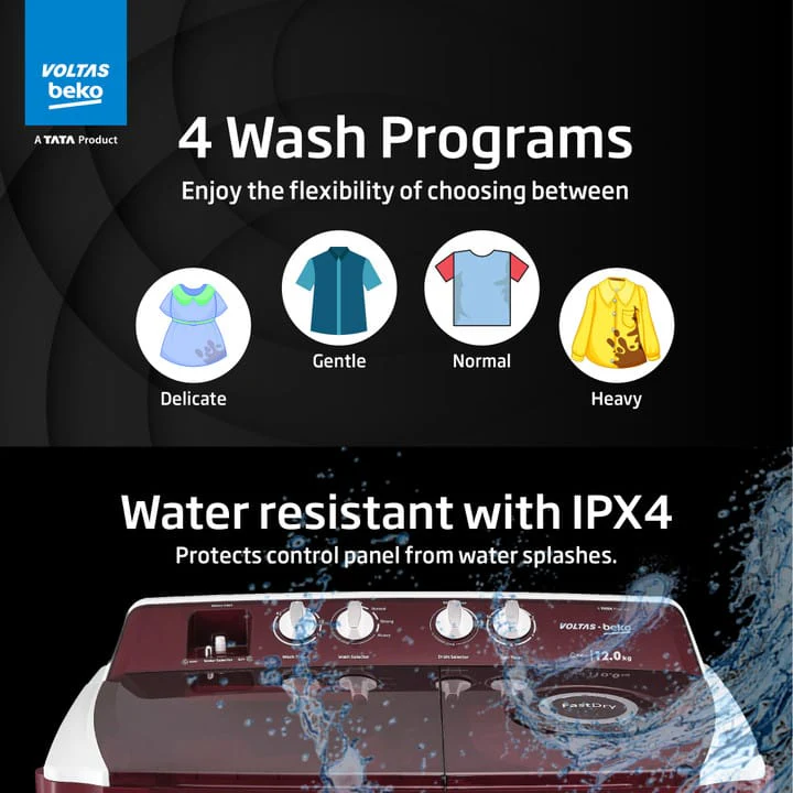 Voltas Beko by A Tata Product 12 kg A Tata Product Anti-allergen Hygiene Boost Washing Machine with Fast Dry and Water Proof IPX4 Panel Semi Automatic Top Load Maroon, White  (WTT120ABRT/HB) - Image 5