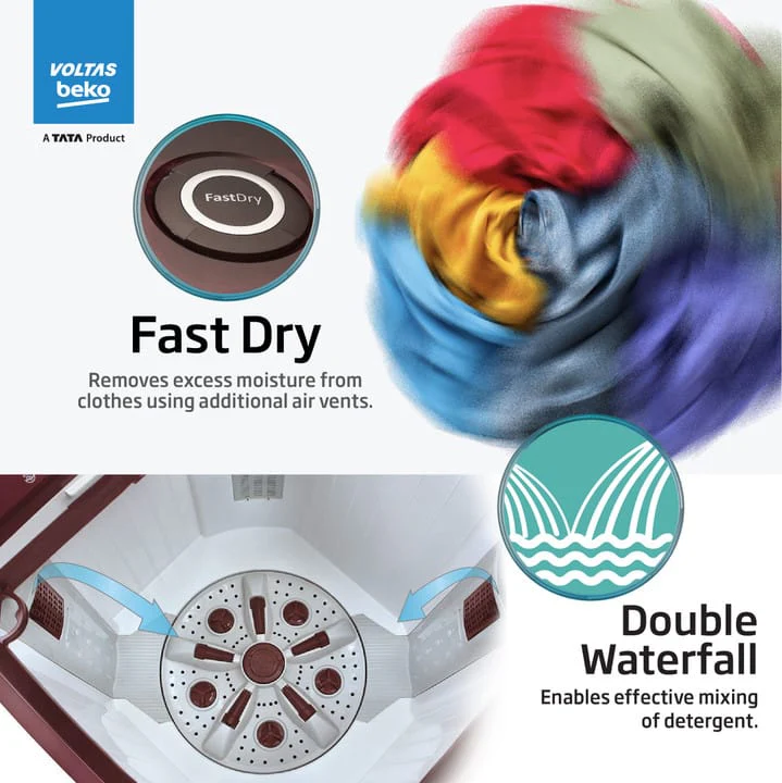 Voltas Beko by A Tata Product 12 kg A Tata Product Anti-allergen Hygiene Boost Washing Machine with Fast Dry and Water Proof IPX4 Panel Semi Automatic Top Load Maroon, White  (WTT120ABRT/HB) - Image 6