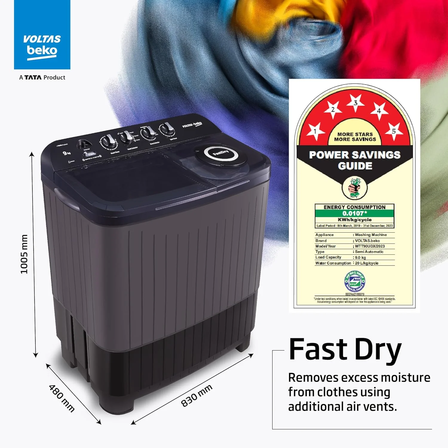 Voltas Beko by A Tata Product 9 kg washing machine with Soft Closing door, Water proof IPX4 protection, Special Pulsator and Double Waterfall Semi Automatic Top Load Black, Grey  (WTT90UDX/BKGR4KGTD) - Image 10