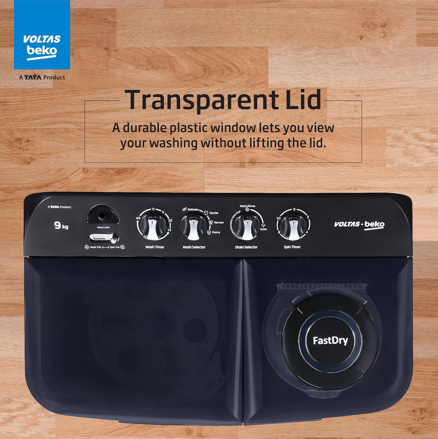 Voltas Beko by A Tata Product 9 kg washing machine with Soft Closing door, Water proof IPX4 protection, Special Pulsator and Double Waterfall Semi Automatic Top Load Black, Grey  (WTT90UDX/BKGR4KGTD) - Image 5