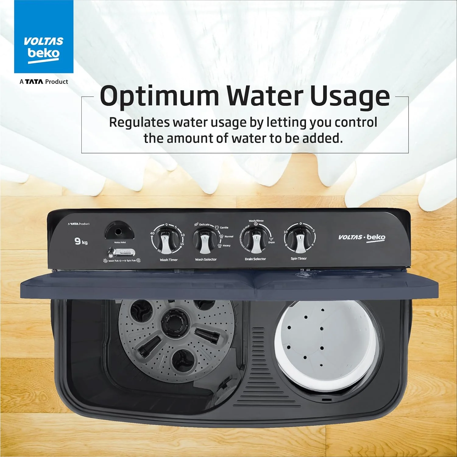 Voltas Beko by A Tata Product 9 kg washing machine with Soft Closing door, Water proof IPX4 protection, Special Pulsator and Double Waterfall Semi Automatic Top Load Black, Grey  (WTT90UDX/BKGR4KGTD) - Image 8